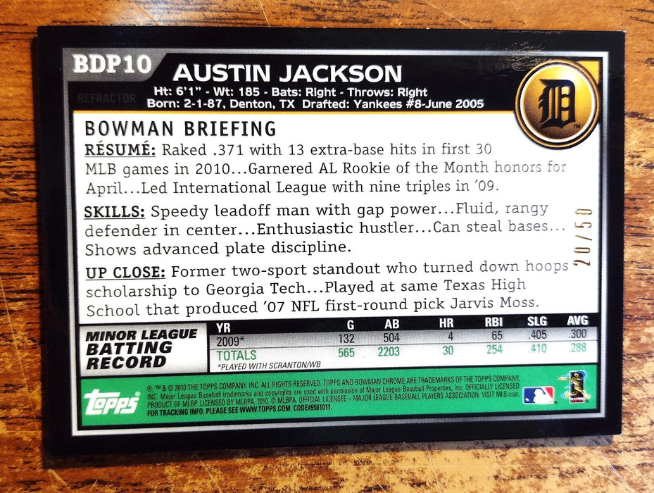 2010 BOWMAN CHROME #BDP10 "GOLD REFRACTOR" (#ED 20/50) AUSTIN JACKSON TIGERS
