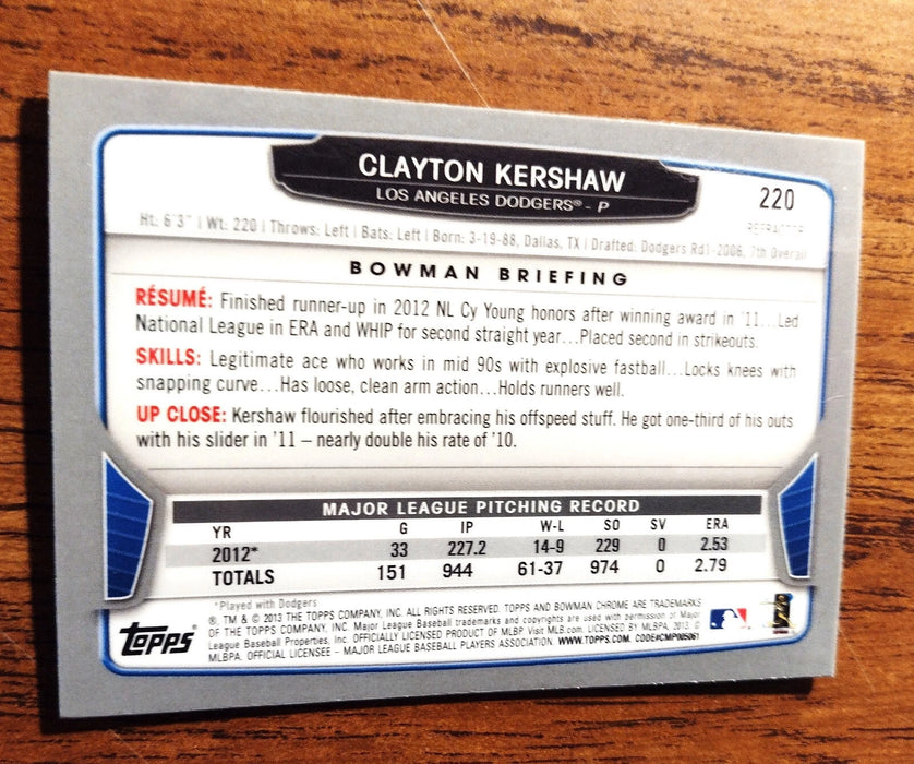2013 BOWMAN CHROME #220 "REFRACTOR PARALLEL" CLAYTON KERSHAW LA DODGERS