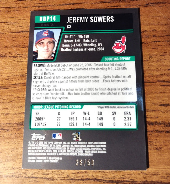 2006 BOWMAN CHROME DRAFT #BDP14 JEREMY SOWERS "GOLD REFRACTOR #ED 36/50" INDIANS