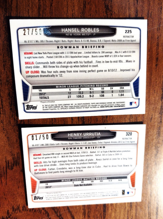 2013 BOWMAN CHROME "GOLD MINI REFRACTORS #ED /50" #320 H URRUTIA #225 H ROBLES
