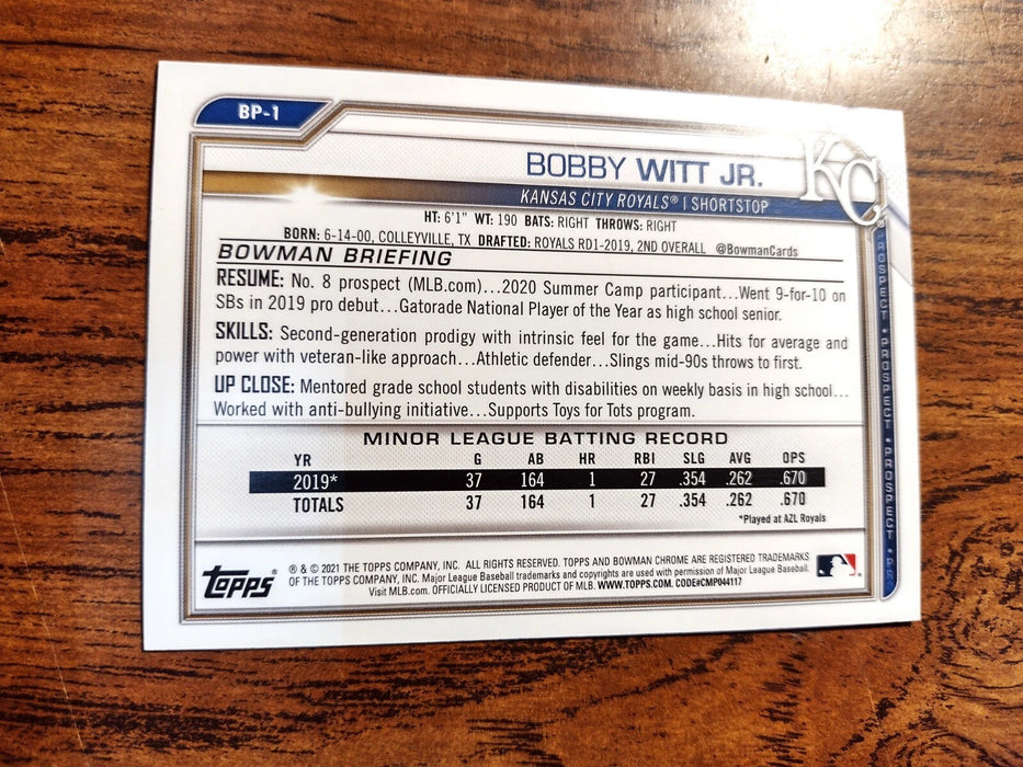 2021 BOWMAN PROSPECT "FUSCIA PARALELL" #BP1 BOBBY WITT "ROOKIE CARD #ED235/299"