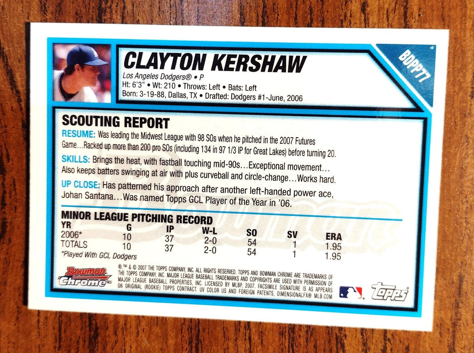 2007 BOWMAN CHROME DRAFT #BDPP77 CLAYTON KERSHAW "FUTURE HOFER" LA DODGERS 3 CY