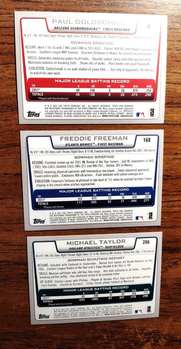 2012 BOWMAN "SILVER ICE INSERT" (LOT OF 3) P GOLDSCHMIDT F FREEMAN M TAYLOR (RC)